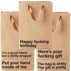 MilkToast Brands Funny Profanity Gift Bag Set – 5-Piece Medium Brown Kraft Paper Bags with Hilarious Snarky Sayings – Gag Gift Wrapping for Birthdays, Holidays, White Elephant Exchanges (11 x 8 x 4 in.)