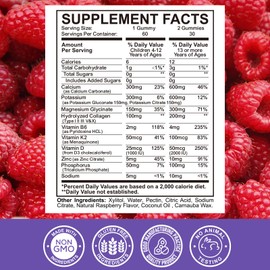 Calcium Potassium Magnesium Gummies for Kids & Adults, with Hydrolyzed Collagen, Zinc, Phosphorus, Multivitamin for Sleep, Bone Strength, Density Support, Sugar Free,Raspberry 60 Gummies