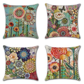 JOTOM Decorative Cushion Cover, Breathable Cushion Cover, Colourful Decorative Cushion Sofa Cushion Cover, Car, Home, Bed, Office, Cafe, Garden, Outdoor, 45 x 45 cm, Set of 4 (Colourful Flowers, 45 x