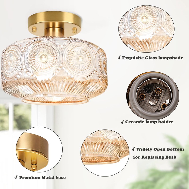 Jolydoly Semi Flush Mount Ceiling Light,Globe Glass Ceiling Light,Vintage Small