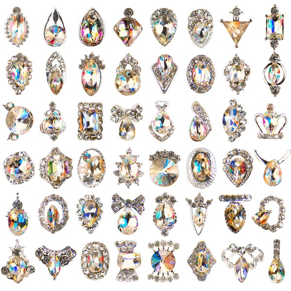 48pcs Rhinestones for Nails, Nail Diamonds Glass Crystal AB Metal Gems Jewels Stones for 3D Nails Art Decoration
