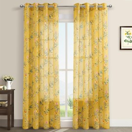 XTMYI Mustard Yellow Floral Sheer Curtains, Fun Vintage Retro Botanical Patterned Window Panel for Living Room Kitchen, Chinoiserie Inspired Whimsical Hummingbird Spring Decor, 84 Inches Long