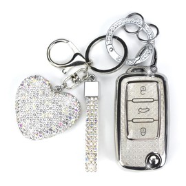 YIKECASE Key Fob Cover with Diamond Keychain Fit for VW Car Key Holder Case Compatible with Volkswagen Jetta Golf Polo MK6 Passat Tiguan Beetle Smart Key Protector for Women, 3 Buttons (Silver-Heart)