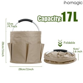 IHOMAGIC Freestanding Tool Basket, Foldable Storage Box, Garden Tools Bag, 1 Main Compartment with 6 Outer Pockets, Storage Basket for Camping, Day Travel, Hiking, Barbecue, 28 x 28 cm, 17 L, Khaki