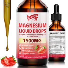 Magnesium Glycinate Liquid Drops, 1500mg Magnesium Liquid Supplement with Vitamin B6, D3, L - Theanine, Omega3,Support Night, Muscle, Bone, Mood, Strawberry Flavor - 2 Fl Oz (60ml) Bottle