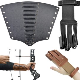 wolfman Archery Arm Guard Glove Set Traditional 3 Finger Protection Finger Tab Adjustable Arm Protection Equipment for Outdoor Hunting Practice (Black)