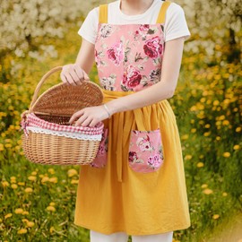 Pinknoke Vintage Pinafore Apron Dress for Women with Pockets Cute Floral Chef Aprons for Kitchen Cooking Baking Gardening (Yellow)
