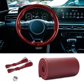 Piburth Leather Steering Wheel Cover, Stitch on Wrap, Breathable Anti-Slip Car Steering Wheel Protector, DIY Sewing with Needle Thread,15 Inch (Wine Red, Glossy)