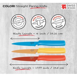 Kuhn Rikon Straight Paring Knife with Safety Sheath, 4 inch/10.16 cm Blade, Set of 3, Red, Yellow & Blue