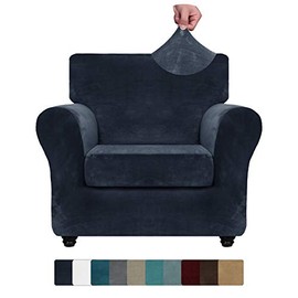 ZNSAYOTX Luxury Velvet Chair Slipcovers with Arms 2 Piece Stretch Chair Covers for Living Room Thick Soft Armchair Slipcover Anti Slip Dog Pet Friendly Furnitre Protector (Navy Blue, Chair)