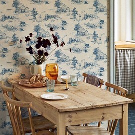 funlife Blue Toile Wallpaper Peel and Stick, Toile de Jouy Wallpaper Vintage, Textured PVC Monochrome Landscape Wall Mural Contact Paper, Wall Art Decor Stickers for Bedroom, 15.7" x 98.4"