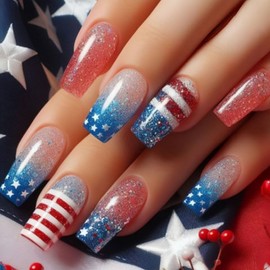 4th of July Press on Nails Medium Length Square Fake Nails with Stripe Designs Blue Gradient Nails Press ons Glossy Glue on Nails White False Nails Red Acrylic Nails Stick on Nails for Women 24Pcs