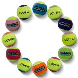 SPORTSPET Squeak Tennis Balls for Dogs - Extra Bouncy - Non Toxic, Durable, Long Lasting Squeaky Dog Ball, Safe for Teeth & Gums - Pack of 12 Multicolor, Medium Size 64mm