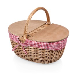 PICNIC TIME Country Picnic Basket, Sturdy Woven Wicker Basket with Customizable Split-lid Design and Removable and Washable Polycotton Vintage-Style Liner, (Red & White Gingham Pattern)