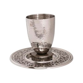 Yair Emanuel Hammered Kiddush Cup for Shabbat - Stainless Steel Ceramic Base with Matching Filigree Saucer – Modern Elegant Jewish Shabbat and Holiday Wine Goblet Set - Judaica Gift (Dark Green CAD-3)