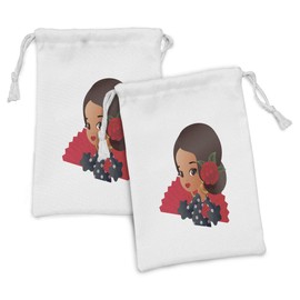 Ambesonne Spanish Fabric Pouch Set of 2, Chibi Character in Flamenco Costume with Rose Flower on Her Hair Girl Cartoon, Small Drawstring Bag for Toiletries Masks and Favors, 9" x 6", Multicolor