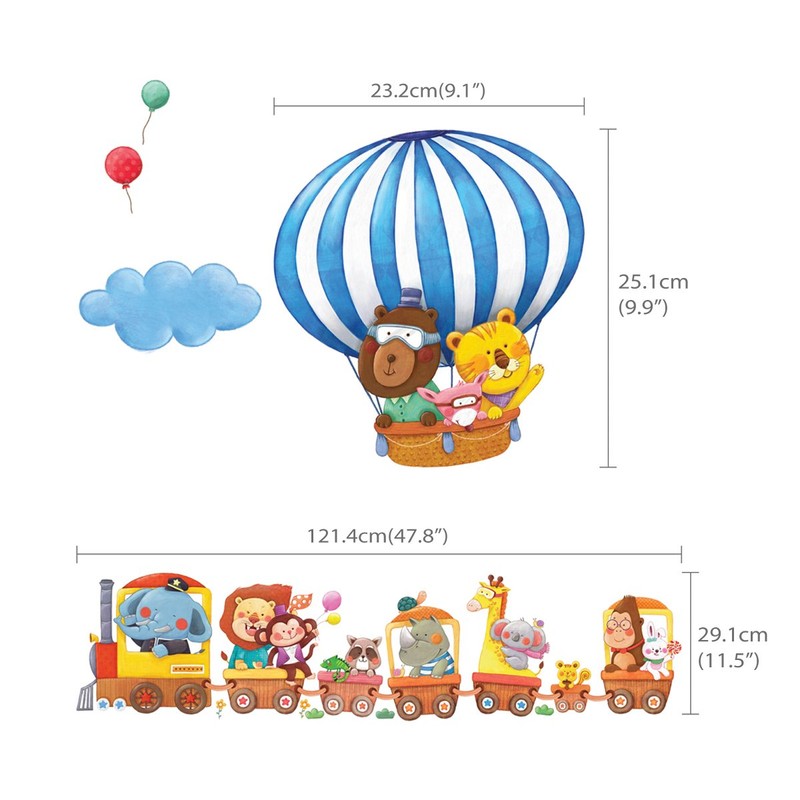 DECOWALL DA-1406 Train and Hot Air Balloons Cars Planes Animals