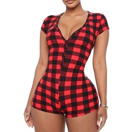 Women One Piece Bodycon Romper Pajamas Button V-neck Short Sleeve Bodysuit Jumpsuit Shorts Pjs Playsuit (Plaid Red, XL)