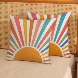 JEFERSO Summer Pillow Covers 20x20 Set of 2 Colorful Stripes Yellow Sunshine Decorations Outdoor Throw Pillows Boho Rainbow Sun Pillowcase Linen Decor Modern Farmhouse Cushion Case for Home Bedroom