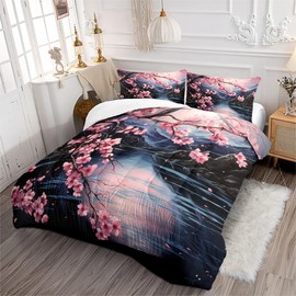 CCoutueChen Pink Cherry Blossom Comforter Set King Women Black Floral Bedding Japanese Style Comforter Aesthetics Botanical Flowers 3Pcs Soft Lightweight Bedroom Decor Quilt Set