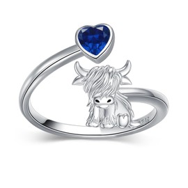 MEIDERBO Sterling Silver Highland Cow Ring 925 Sterling Silver Adjustable Ring Birthstone Ring Customized Engraved Name Highland Cow Gifts Jewelry for Women, Sterling Silver, No Gemstone