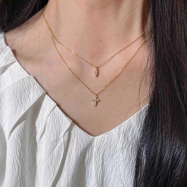 Atentuyi Boho Sparkly Wedding Small Cross Pendant Thin Necklace Silver Layered Gold Choker Cute Mini Cz Drop Simple Necklaces Minimalist Chain Dainty Tiny Religion Delicate Jewelry for Women