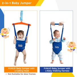 FUNLIO 2 in 1 Baby Jumper with a Ceiling Hook, Baby Walking Harness for 6-24 Months, Baby Jumper for Indoor/Outdoor Play, Infant Jumper Doorway with Adjustable Chain, Easy to Assemble & Store - Blue