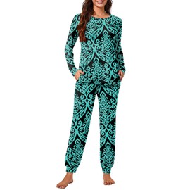 syoss Womens Pajama Set Long Sleeve Sleepwear Fall Round Neck Nightwear Soft Pjs 2 Piece Lounge Sets with Pockets XL, Floral Blue-green