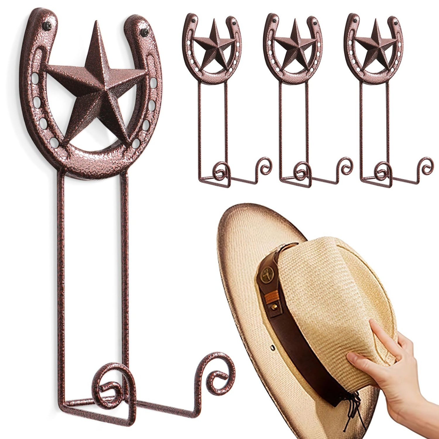 Cowboy Hat Rack Hanger Wall Mount for Wide Brim Hats Rustic Horseshoe ...