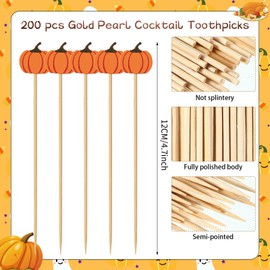200 Pcs Fall Pumpkin Cocktail Sticks Decoration, Handmade Fancy Party Fruit Kabob Skewers Food Picks Bamboo Appetizer Toothpicks for Fruit Party Birthday Wedding Supplies (Thanksgiving, 200)