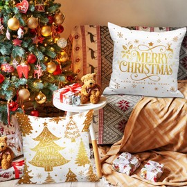 Lanpn White and Gold 20x20 Christmas Pillow Covers Set of 4, Decorative 20 Inch Navy Winter Snowflake Throw Pillow Case Xmas Cushion Cover for Indoor House Sofa Gold