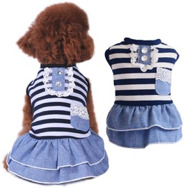 Dog Dresses for Small Dogs Girl Chihuahua Pet Denim Dress Cute Stripe Tshirt Skirts Yorkie Princess Skirts Doggie Lace Tutu Summer Spring Clothes for Cats Puppy Birthday