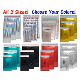 12 Pack Assorted Mailiing Envelopes, 3 Sizes 4x8, 6x10, 8.5x12" Durable Metallic Padded Bubble Mailers Mixed Size Combo W/10 Lip Stickers (Hologram)