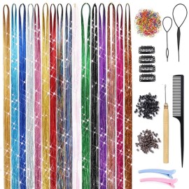 Does Not Apply 16 Colors Hair Tinsel Kit with Tools 3200 Strands Glitter Tinsel Hair Extension