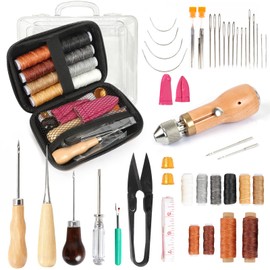 45PCS Leather Sewing Kit with Wooden Handle Awl Tool, Speedy Stitcher Sewing Awl Kit for Leather Repair, Shoes, Bags, Camping Gear, DIY Craft Beginners & Professionals