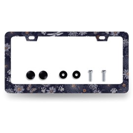 Blue Folk Art Flowers License Plate Frame Colorful Floral License Plate Holder Stainless Steel Funny Design with 2 Holes and Screws 12.3" x 6.3"