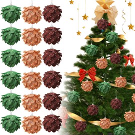 Threan 18 Pcs Christmas Ornaments Balls Glitter Pinecones Ornaments 3.15" Christmas Tree Decoration Hanging Flower Balls for Xmas Tree Wreath Holiday Crafts Home Decor (Bronze,Brown,Green)