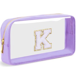 LOFOWN Initial Clear Makeup Bag Small Cosmetic Bag Travel Toiletry Bag Clear Zipper Pouch Purse Organizer Bags for Women, Purple-M, K, Initial Makeup Bag