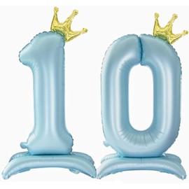 JEYE Baby Blue 10 Number Balloons 40 Inch Big Giant Jumbo Birthday Balloons Foil Mylar Standable Self Standing Balloons with Base for Boy's 10th Birthday Party Decorations
