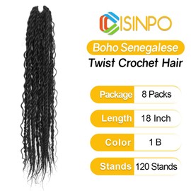 CISINPO Boho Twist Crochet Hair 18 Inch, 8 Packs Wavy Senegalese Twist Crochet Hair with Curly Ends, Black Pre-Looped Pre-Twisted Island Style Goddess Passion Braids (120 Strands, 1B)