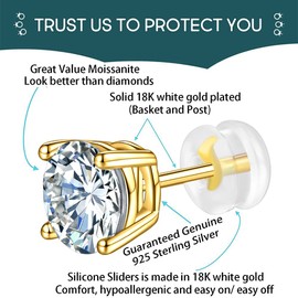 Moissanite Stud Earrings Lab Created Diamond 18K White Gold Plated 925 Sterling Silver Earring Jewelry Gifts for Women Men (1 CTW (Gold Colored))