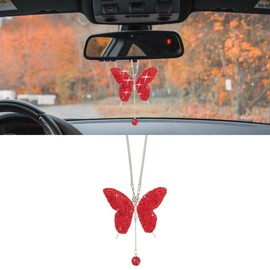 Couslcd Bling Butterfly Diamond Car Accessories, Crystal Car Rear View Mirror Charms for Women, Car Decoration Lucky Hanging Interior Crystal Ornament Pendant Decor for All Cars (Red)