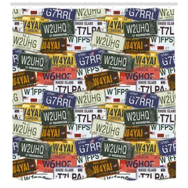 Ambesonne USA Shower Curtain, Retro American Auto License Plates Utah Washington Rhode Island North Carolina Print, Cloth Fabric Bathroom Decor Set with Hooks, 70" Long, Multicolor