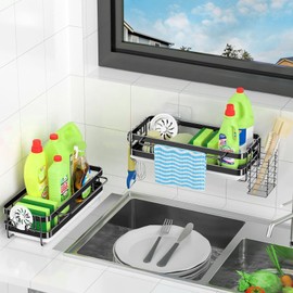 Bonhoom Sink Organiser with Drain Pan - Kitchen Sponge Holder with Dish Cloth Holder and Two Hooks, Metal Hanging Sink Organiser with Dish Brush Holder - No Drilling (Black)