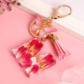 MWOOT Initial Letter Keychain Fashion Pink Key Ring,Alphabet Petals Gold Foil Resin Keyring Charm with Butterfly Tassel Pendant,Key Chain for Women Girls Kids Gift Bag Handbag Decoration(M)