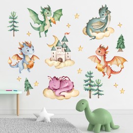 Yovkky Baby Dragon Wall Decals Stickers, Watercolor Castle Pine Tree Cloud Moon Stars Neutral Toddler Nursery Decor, Dragon Eggs Home Decorations Kids Girls Boys Bedroom Playroom Art