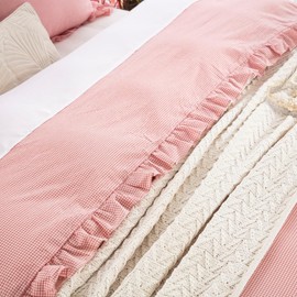 DAUAOTO Queen Size Ruffle Duvet Cover Set, 100% Cotton, Kids Teen Girls Duvet Cover 90"X90" + 2 Shams, Yarn Dyed Checkered Gingham Pink