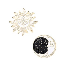 Acxico 2Pcs Fashion Enamel Starry Sky Moon Brooch Pin and White Enamel Sun Brooch Pin Collar Badge Corsage Jewelry Women