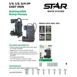 Star 5SEH 1/2 HP Cast Iron Submersible Sump Pump with Premium Vertical Float Switch (1-1/2" Discharge) Passed 3/8" Solids, 60 GPM, 6 AMPS