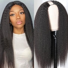 Glowig Kinky Straight U Part Wig Human Hair For Women Brazilian Remy Human Hair Glueless Wig Human Hair Leave Out Upart Human Hair Wig Beginner Friendly 180% Density Natural Color 28 Inch